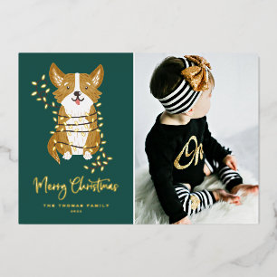 Carte De Vœux En Aluminium Corgi mignonne et lumières à cordes Photo Joyeux N