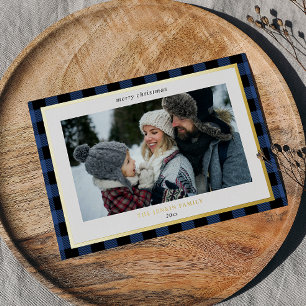 Carte De Vœux En Aluminium Cosy Bleu Noir Plaid Bordure 3 Photos Noël