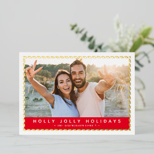 Carte De Vœux En Aluminium COUPLE NOËL PHOTO simple bordure or rouge Foil