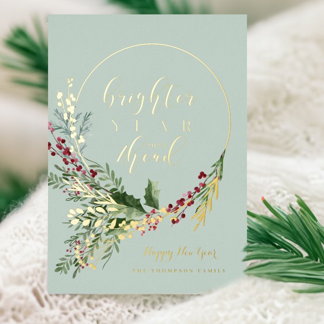 Carte De Vœux En Aluminium Couronne aquarelle Bonne Année à venir (Brighter Year Ahead Watercolor Wreath New Year Foil Holiday Card)