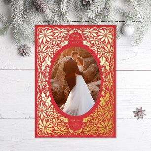 Carte De Vœux En Aluminium Delicy Poinsettia Red Oval Frame Photo