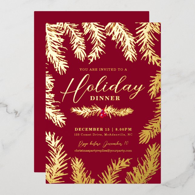 Carte De Vœux En Aluminium Dîner de fête rouge baie Noël or (Recto/Verso)