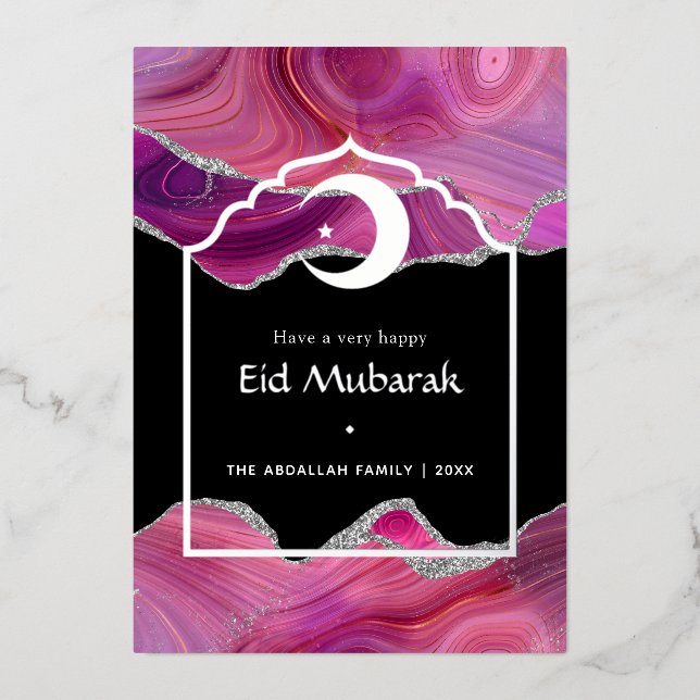 Carte De Vœux En Aluminium Eid Moubarak Pink et argent Agate Papier métallisé (Recto)