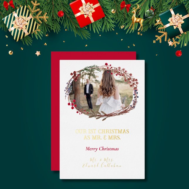 Carte De Vœux En Aluminium Élégant 1er Noël Marié Photo White (Créateur téléchargé)