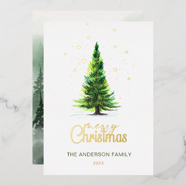Carte De Vœux En Aluminium Elégant Aquarelle Pine Tree Noël Salutation (Recto/Verso)