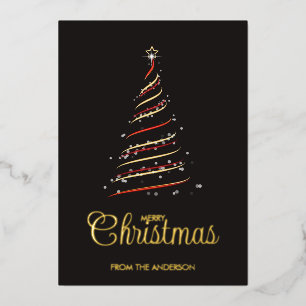 Carte De Vœux En Aluminium Elégant Arbre de Noël Rouge et Or Or