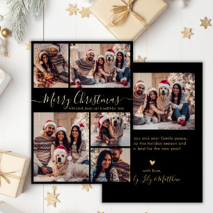 Carte De Vœux En Aluminium Elégant Black Gold 5 Photo Collage Noël