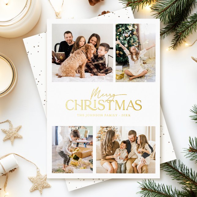 Carte De Vœux En Aluminium Elégant blanc Joyeux Noël photo Or (Elegant modern white & gold foil lettering 'Merry Christmas' family photo holiday card  )