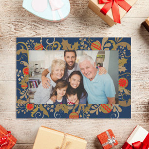 Carte De Vœux En Aluminium Elégant bleu marine et or photo personnalisée Noël