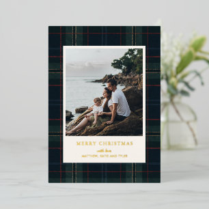 Carte De Vœux En Aluminium Élégant bleu marine et vert photo plaid Noël