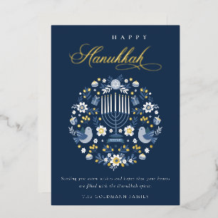 Carte De Vœux En Aluminium Elégant Classy Navy Blue Happy Hanoukka Floral