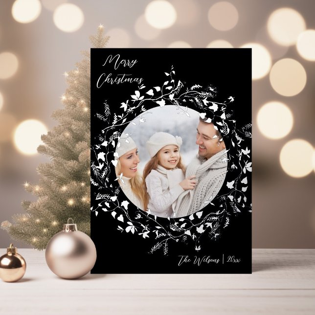 Carte De Vœux En Aluminium Élégant Fleur sauvage Joyeux Noël Photo Argent (Créateur téléchargé)