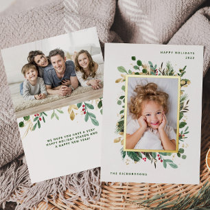 Carte De Vœux En Aluminium Elegant Gold Greenery White with Two Photos