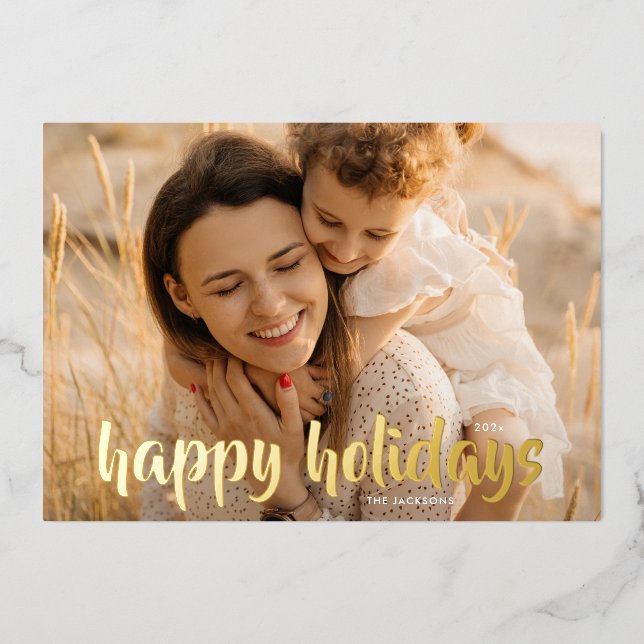 Carte De Vœux En Aluminium Elégant Gold Script de Noël Photo Happy (Recto)
