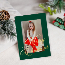 Carte De Vœux En Aluminium Elegant Gold Script Rich Green Frame Photo