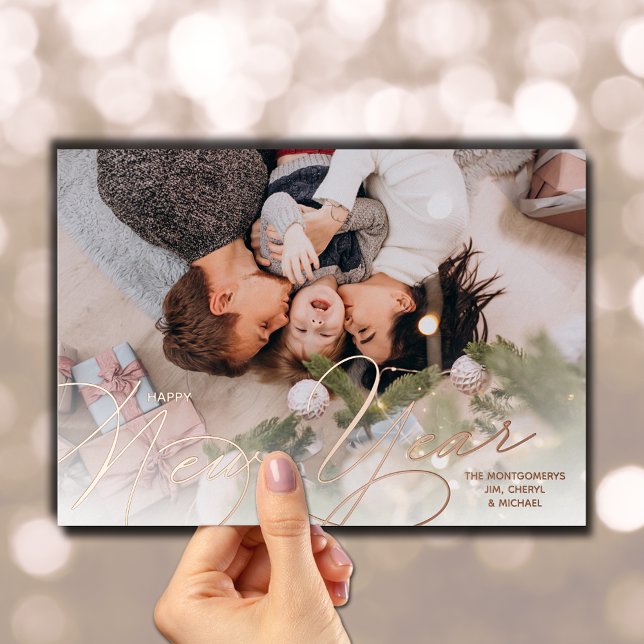 Carte De Vœux En Aluminium Elégant Joyeux Joyeux Script Rose or (Elegant Happy New Year Script Rose Gold Foil Holiday Cards)