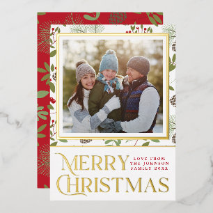 Carte De Vœux En Aluminium Élégant Joyeux Noël Holly Pinecones Photo Gold