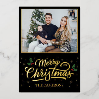 Carte De Vœux En Aluminium Élégant Joyeux Noël Or, Holly Berry