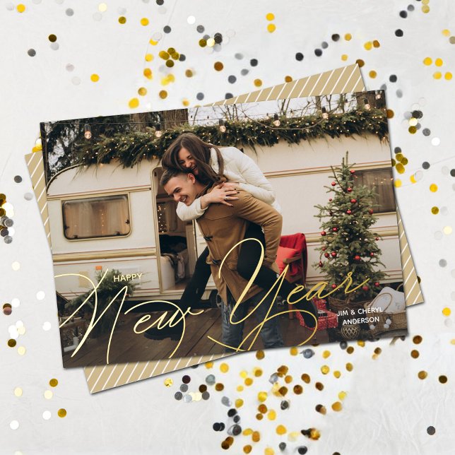 Carte De Vœux En Aluminium Élégant Joyeux Script du Nouvel An (Elegant Happy New Year Script Foil Holiday Cards)