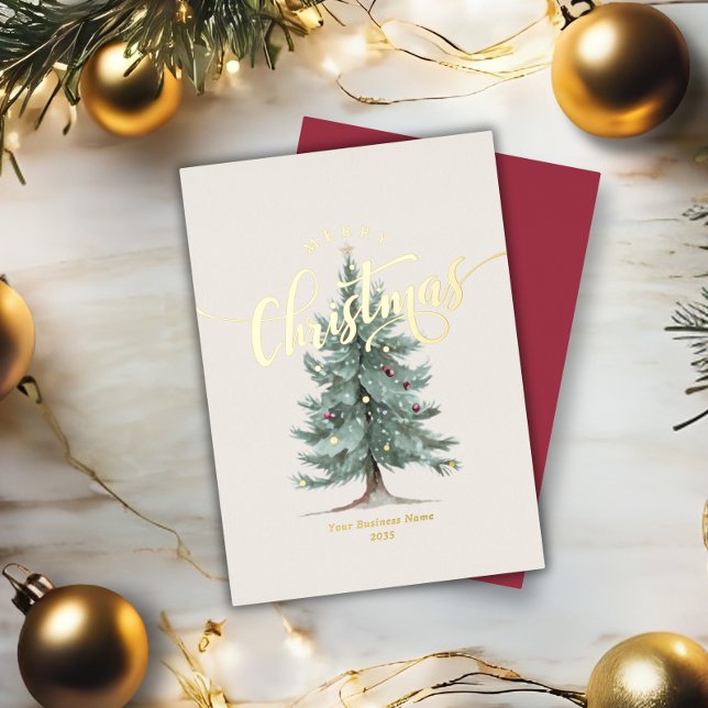Carte De Vœux En Aluminium Elegant Merry Christmas Tree Script Business Logo (Créateur téléchargé)