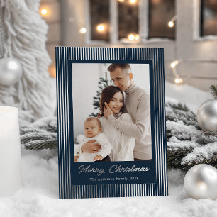 Carte De Vœux En Aluminium Élégant Minimaliste Rayé Bleu Nuit Noël
