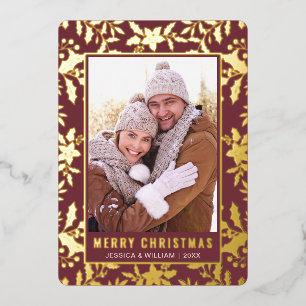 Carte De Vœux En Aluminium Élégant Noël Foliage Photo Or