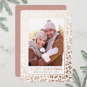 Carte De Vœux En Aluminium Élégant Noël Foliage Photo Rose Gold