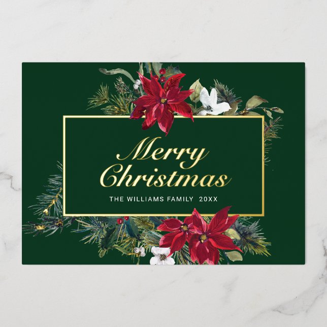 Carte De Vœux En Aluminium Élégant Noël Poinsettia Or (Recto)