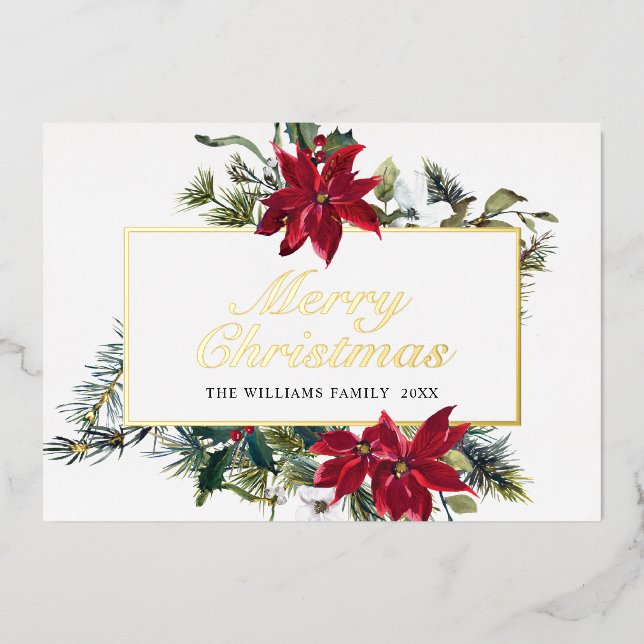 Carte De Vœux En Aluminium Élégant Noël Poinsettia Or (Recto)