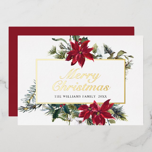 Carte De Vœux En Aluminium Élégant Noël Poinsettia Or (Recto/Verso)