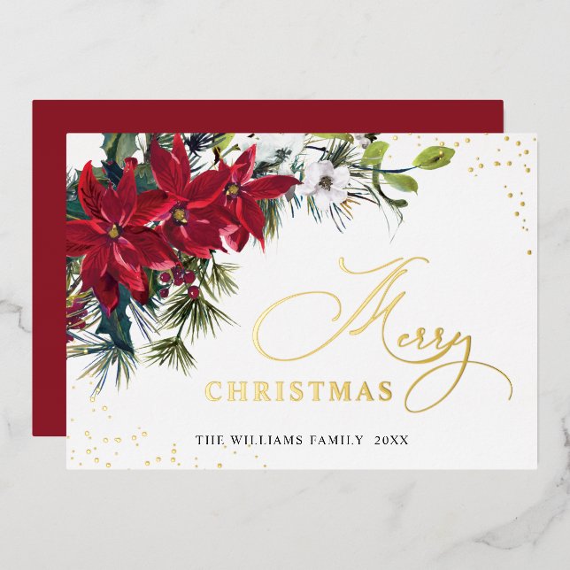 Carte De Vœux En Aluminium Élégant Noël Poinsettia Or (Recto/Verso)