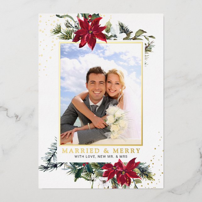 Carte De Vœux En Aluminium Elégant Noël Poinsettia Photo Gold (Recto)
