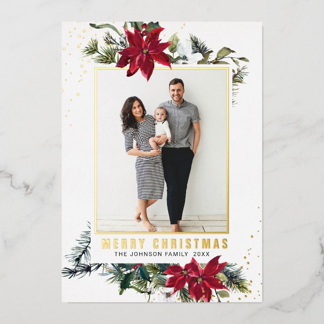 Carte De Vœux En Aluminium Elégant Noël Poinsettia Photo Gold (Recto)
