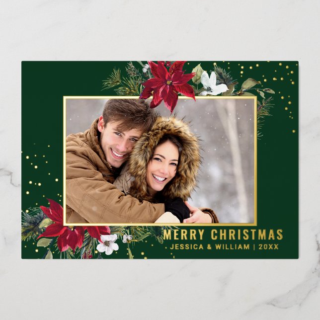 Carte De Vœux En Aluminium Elégant Noël Poinsettia Photo Gold (Recto)