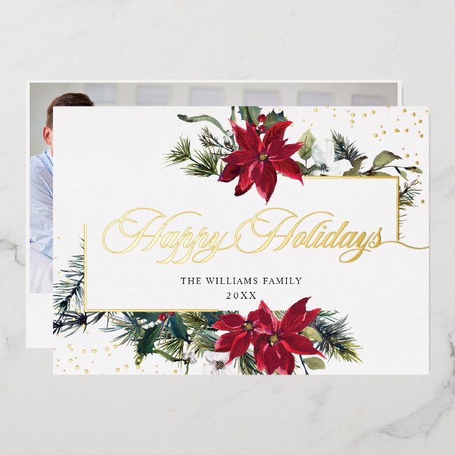 Carte De Vœux En Aluminium Elégant Noël Poinsettia Photo Gold (Recto/Verso)