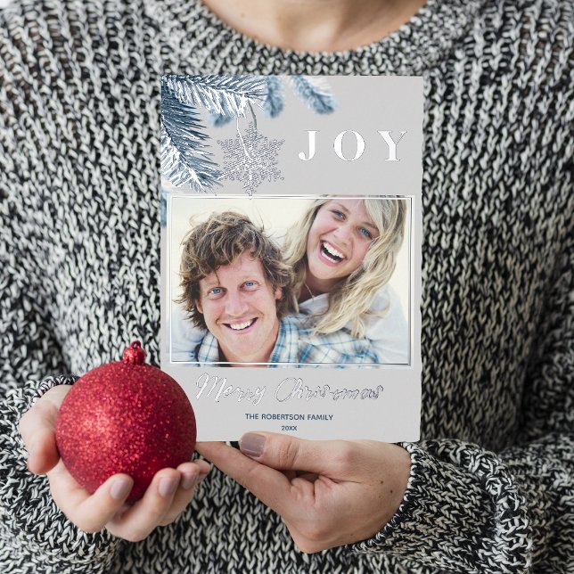 Carte De Vœux En Aluminium Élégant Noël Silver Snowflakes Blue Grey Joy (Créateur téléchargé)