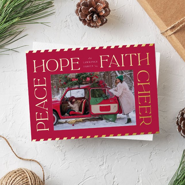 Carte De Vœux En Aluminium Elegant Peace Hope Faith Cheer Christmas Photo (Red and gold foil Christmas photo card with elegant typography)