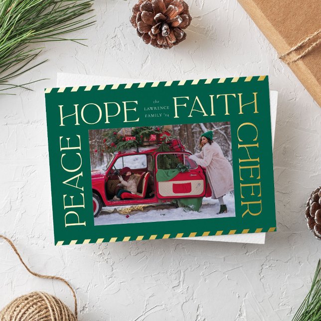Carte De Vœux En Aluminium Elegant Peace Hope Faith Cheer Christmas Photo (Green and gold foil Christmas photo card with elegant typography)