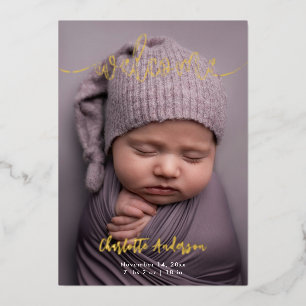 Carte De Vœux En Aluminium Élégant Photos Nom Script Faire-part de naissance