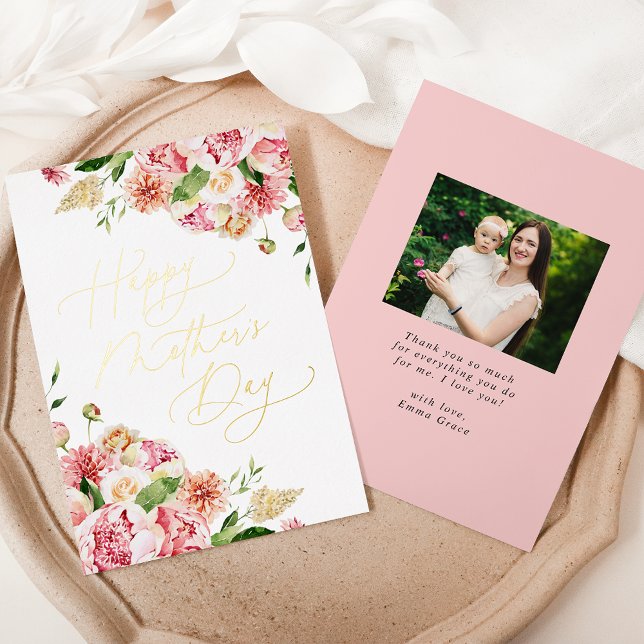 Carte De Vœux En Aluminium Elégant Pink Peonies Photo Fête des Mères (Créateur téléchargé)