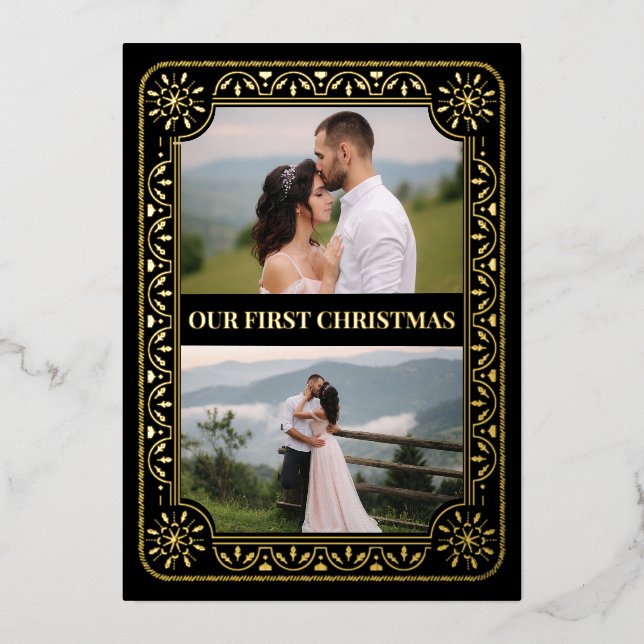 Carte De Vœux En Aluminium Élégant premier Noël 2 Photo Gold personnalisé (Recto)
