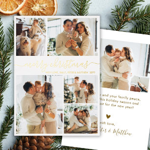 Carte De Vœux En Aluminium Élégant Script Doré 6 Collage Photo Noël Réel