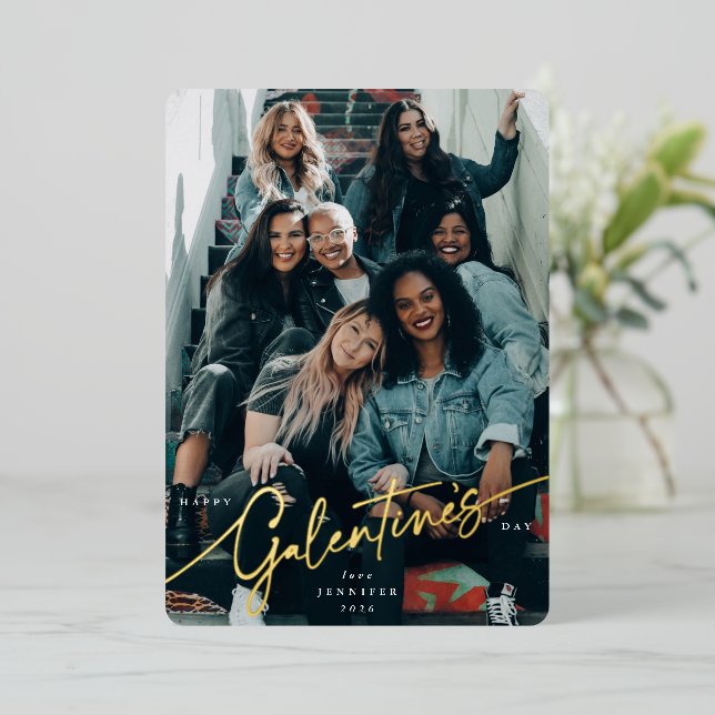 Carte De Vœux En Aluminium Élégant Script Galentine's Day Foil Photo (Debout devant)