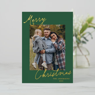 Carte De Vœux En Aluminium Élégant Script Joyeux Noël Photo Verte