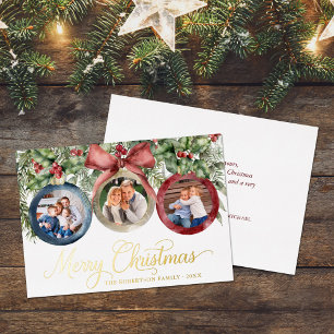 Carte De Vœux En Aluminium Élégant Script Ornements de Noël Photos de famille