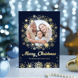 Carte De Vœux En Aluminium Élégant Snowflakes Marine Photo Famille Noël