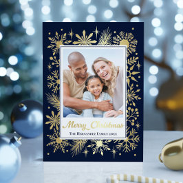 Carte De Vœux En Aluminium Élégant Stylish Navy Snowflake Family Photo