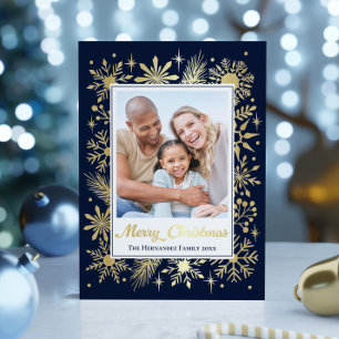 Carte De Vœux En Aluminium Élégant Stylish Navy Snowflake Family Photo