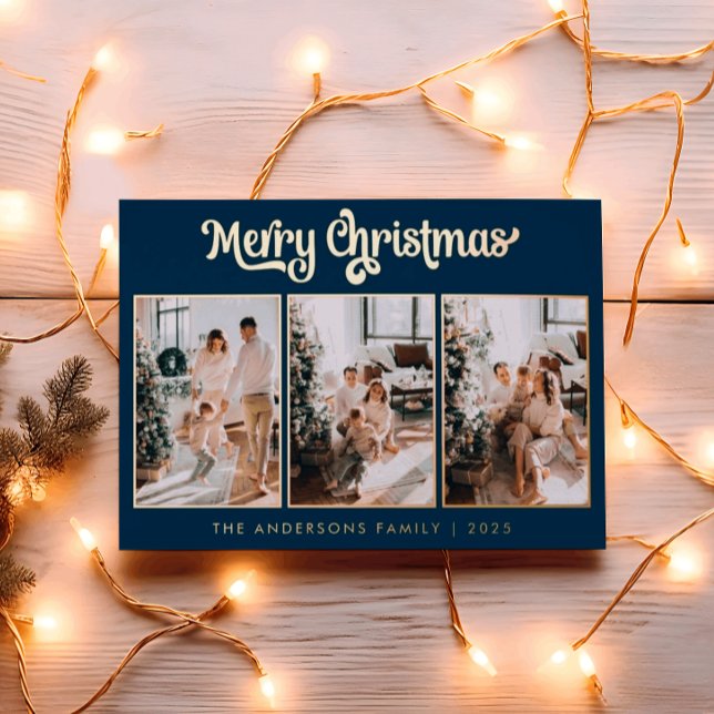Carte De Vœux En Aluminium Elégant Trois Photo Marine Bleu Joyeux Noël (Créateur téléchargé)