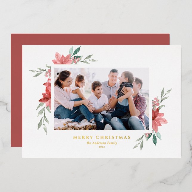 Carte De Vœux En Aluminium Elégante aquarelle Rouge Poinsettias Joyeux Noël (Recto/Verso)